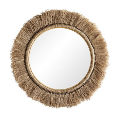 The Kai Mirror in Natural, 41"Dia features a thick frame of natural abaca fibers arranged radially, offering a rustic charm reminiscent of traditional Amish broom craftsmanship.