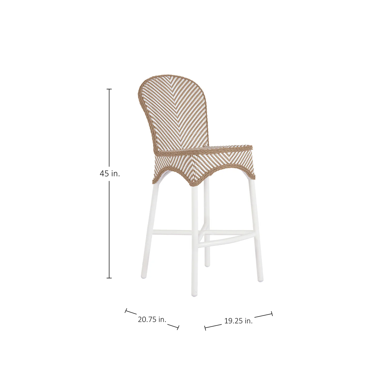 The Savoy Bar Stool features a woven, UV-resistant design with a curved back, tan seat, and white legs. Measuring 45" H x 20.75" D x 19.25" W, it's perfect for stylish outdoor seating.