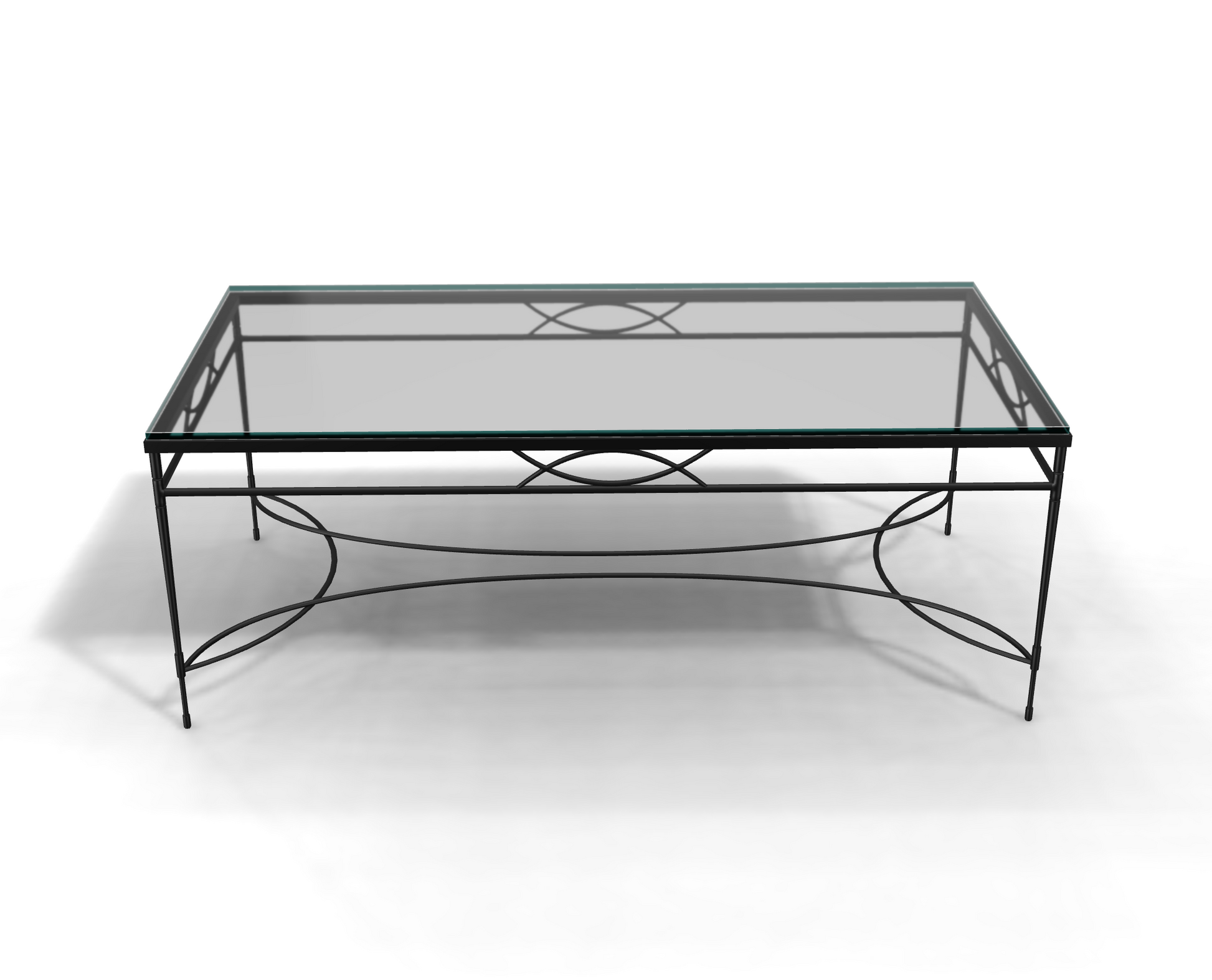 The Amalfi Glass Top Cocktail Table features a tempered glass surface and a hand-forged steel frame with bold geometric patterns.
