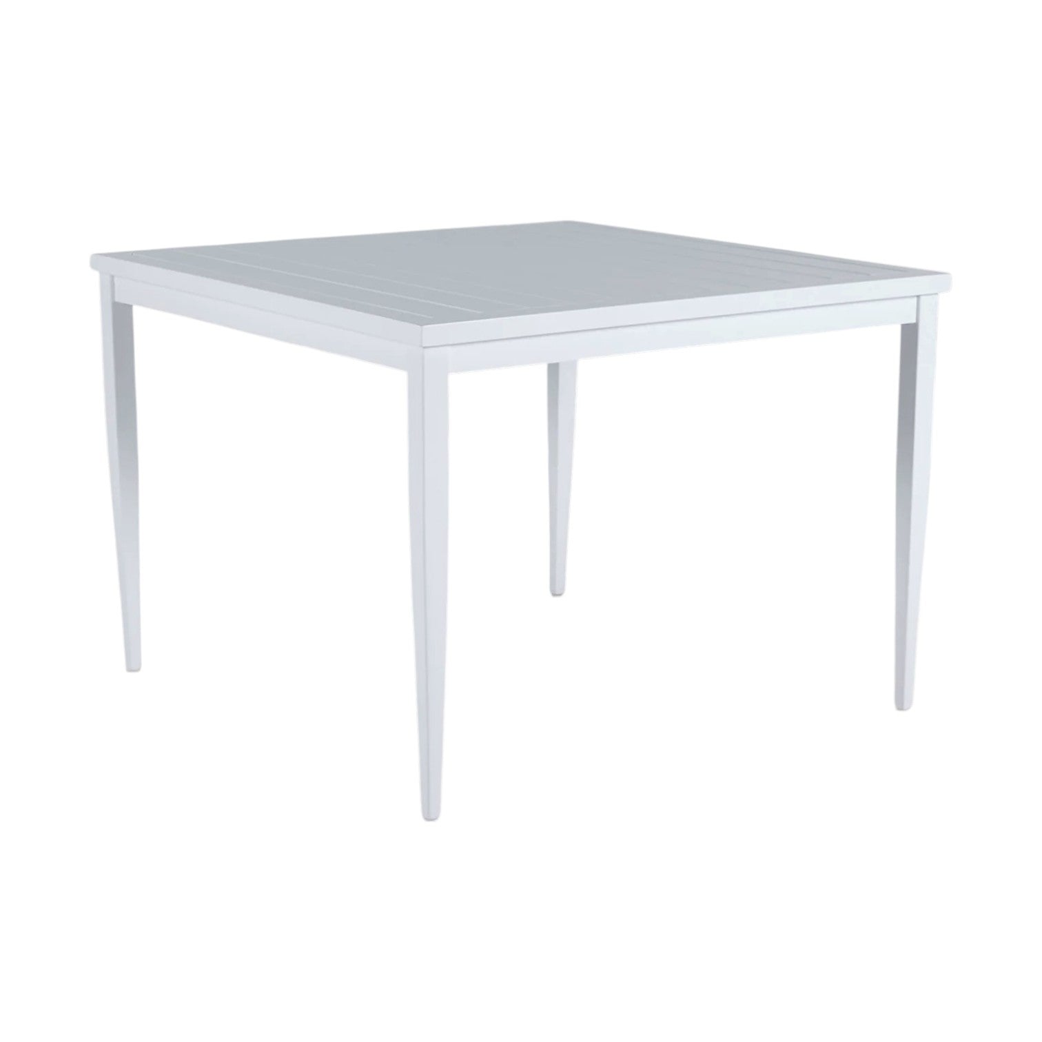 The Brookings Square Dining Table features a weather-resistant white finish and four straight, tapered legs, displayed against a plain background.