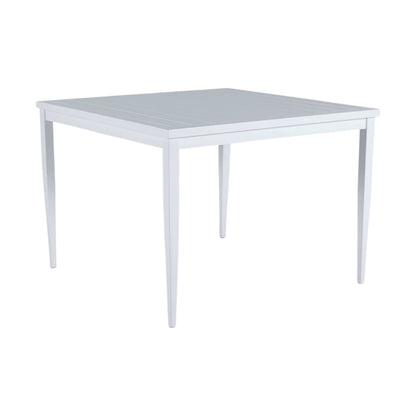 The Brookings Square Dining Table features a weather-resistant white finish and four straight, tapered legs, displayed against a plain background.