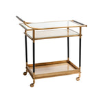 The Mayfair 59 Bar Cart features a vintage brass and black finish, two glass shelves, four wheels, and handles—ideal for entertaining. Shown on a white background.