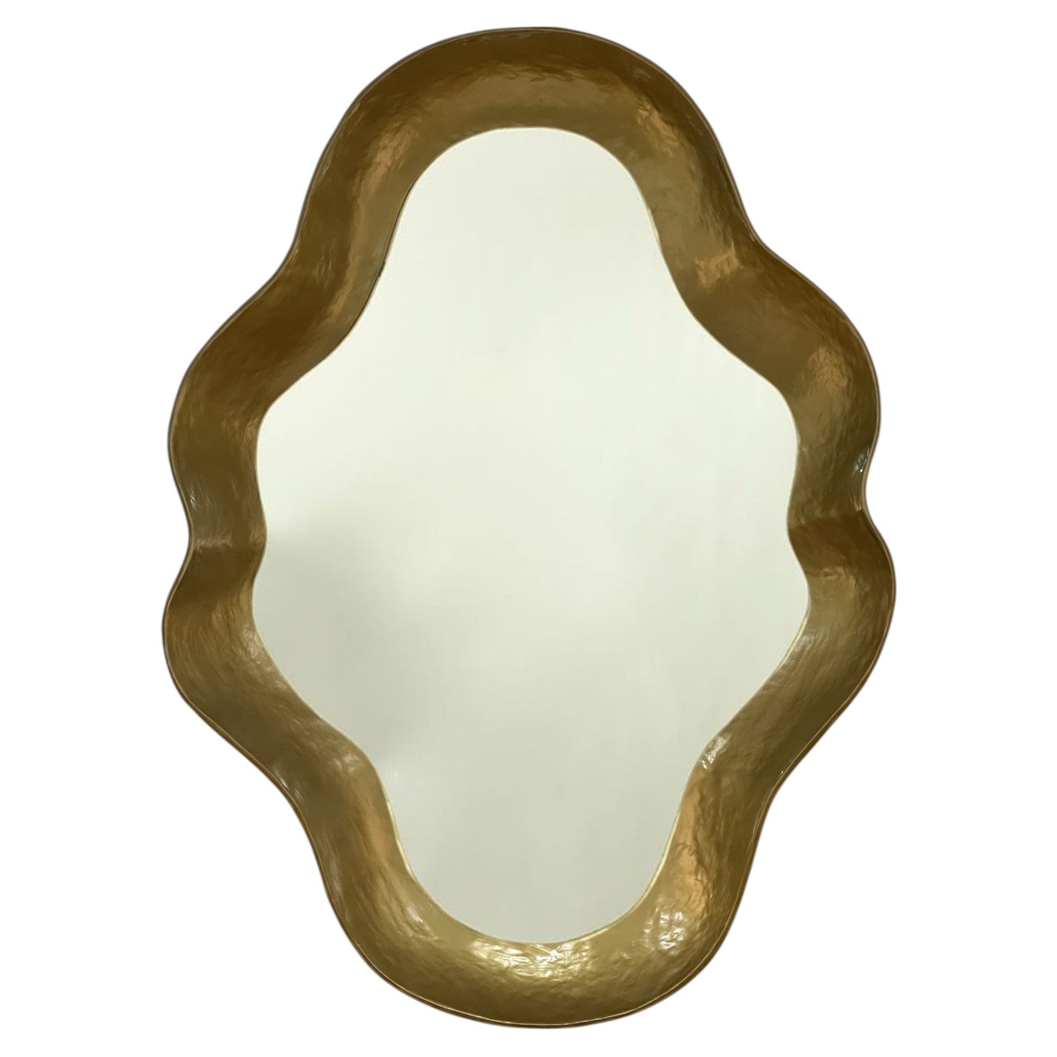 The Venus Mirror in Gold Lacquer features an irregular, wavy frame and a lustrous gold finish, making it a sophisticated statement piece that adds elegance to any room.