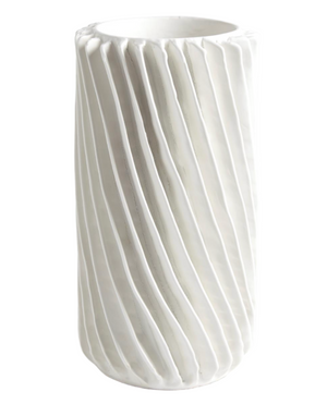 A white cylindrical Italian ceramic Radiator Swirl Vase, Large with a textured, diagonal ridged pattern, reminiscent of organic fins.