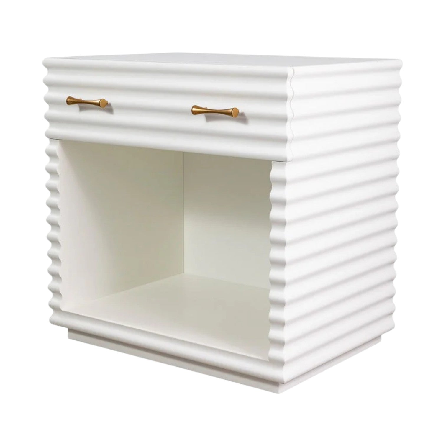 The Brighton Bedside Table has a white satin lacquer finish, ridged details, one drawer with aged brass hardware, and open storage underneath.