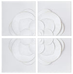 White Flower Quadrant is a four-piece monochrome wall art set in white linen, with layered, textured flower motifs and overlapping petals on each 48" x 48" panel.