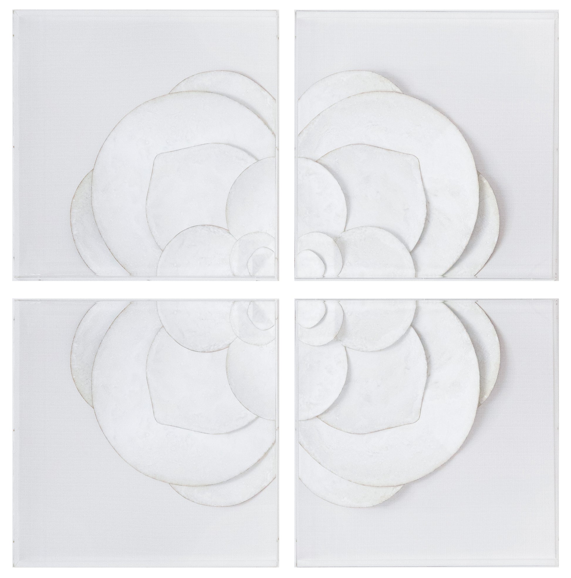 White Flower Quadrant is a four-piece monochrome wall art set in white linen, with layered, textured flower motifs and overlapping petals on each 48" x 48" panel.
