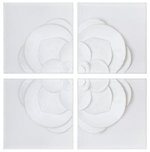 White Flower Quadrant is a four-piece monochrome wall art set in white linen, with layered, textured flower motifs and overlapping petals on each 48" x 48" panel.