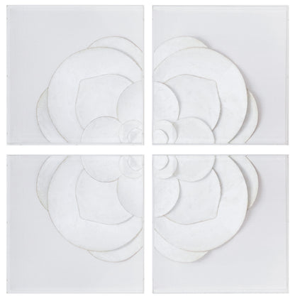 White Flower Quadrant is a four-piece monochrome wall art set in white linen, with layered, textured flower motifs and overlapping petals on each 48" x 48" panel.
