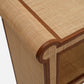 Close-up of the Small Matthew Console, showcasing its woven rattan surface and full-grain leather trim details.