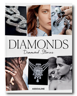 Book cover titled "Diamonds: Diamond Stories," featuring captivating images of luxury jewelry and people wearing natural diamonds. Published by Assouline.