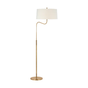 The Canto Large Adjustable Floor Lamp features a gold finish, round base, curved stem, and white drum shade—an ideal modern reading lamp for any room.