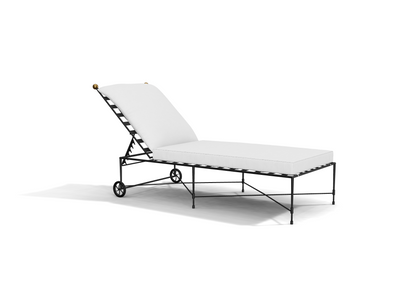 The Amalfi Chaise Lounge features a metal frame, white cushioned seat and backrest, partial recline, and two small wheels—making it a perfect and stylish choice for poolside relaxation.