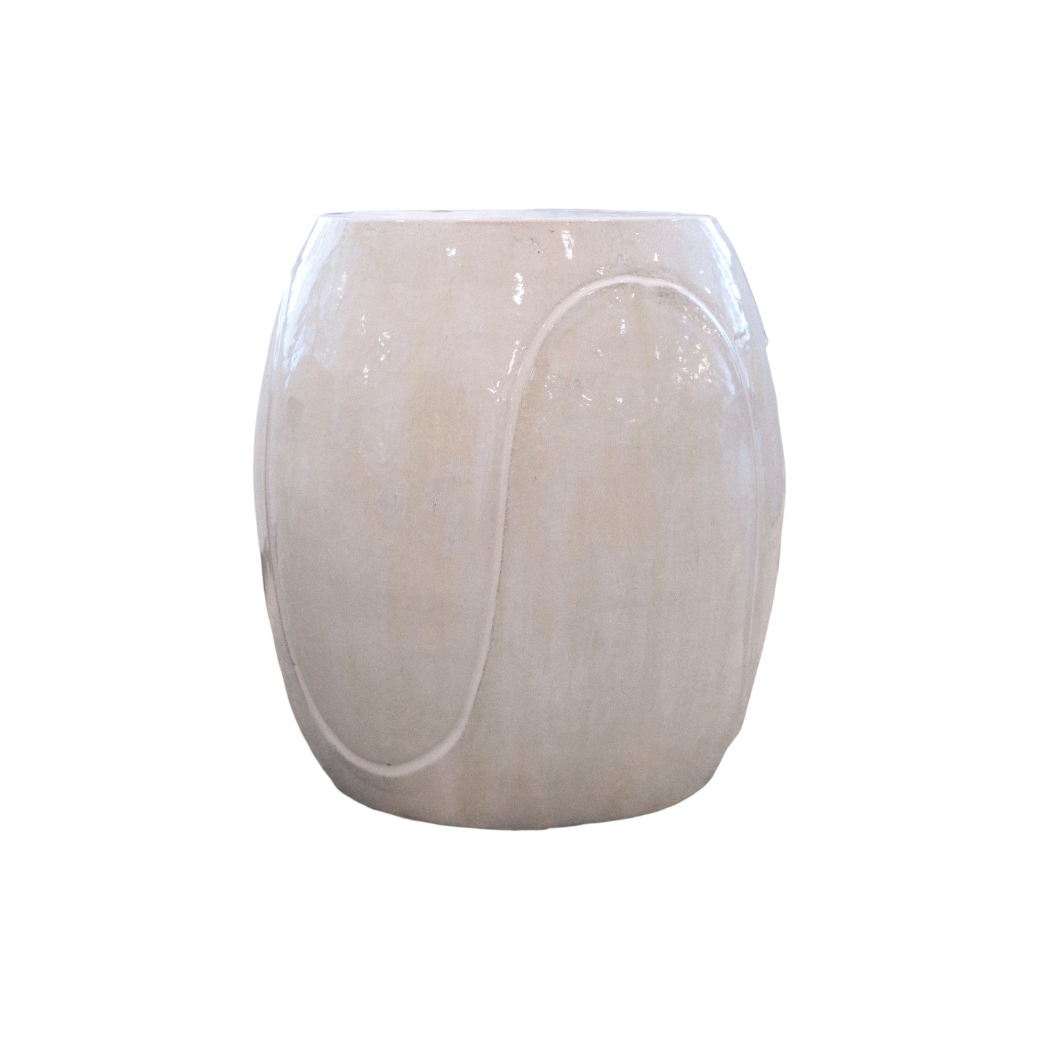 The White Wave Stool features a glossy, off-white fine porcelain finish with subtle curved raised lines on the front, showcased against a plain white background.