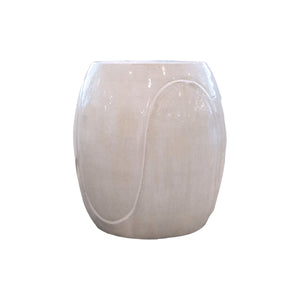 The White Wave Stool features a glossy, off-white fine porcelain finish with subtle curved raised lines on the front, showcased against a plain white background.