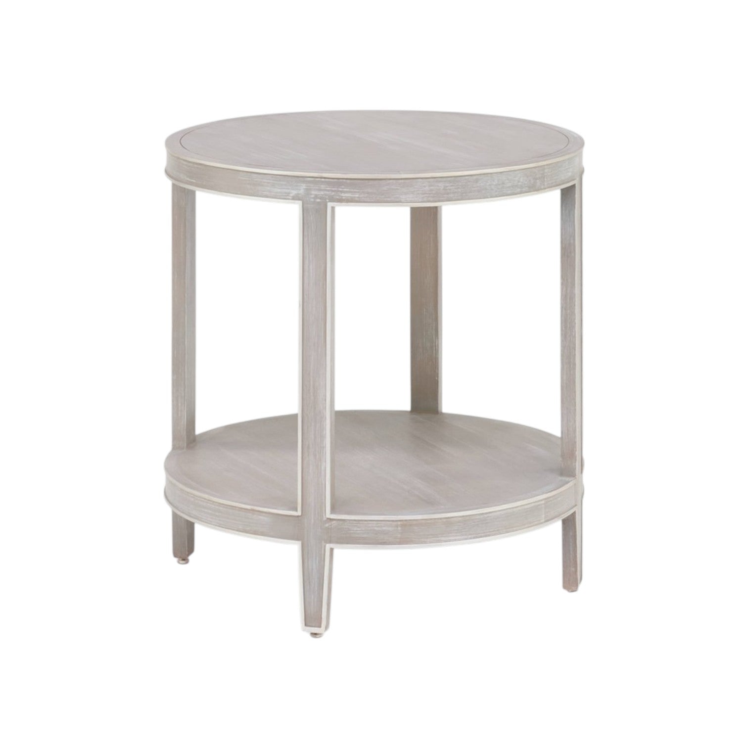 Compact and stylish, the Greenwich Chairside Table features a lower shelf and four straight legs in a light, weathered gray finish—an ideal accent piece for any space.