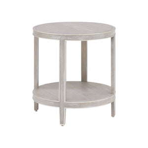 Compact and stylish, the Greenwich Chairside Table features a lower shelf and four straight legs in a light, weathered gray finish—an ideal accent piece for any space.