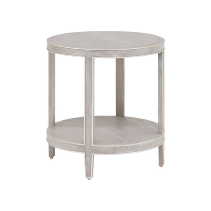 Compact and stylish, the Greenwich Chairside Table features a lower shelf and four straight legs in a light, weathered gray finish—an ideal accent piece for any space.