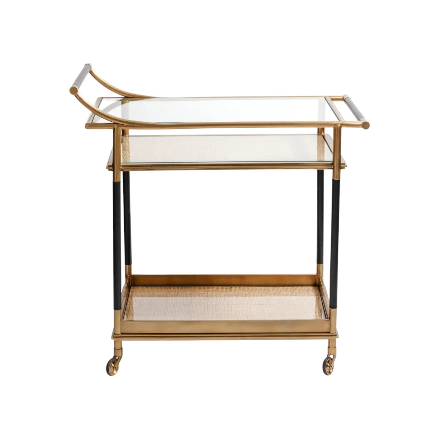 The Mayfair 59 Bar Cart, featuring a gold and black vintage brass frame, two glass shelves, and four caster wheels, is perfect for entertaining. Displayed against a white background.
