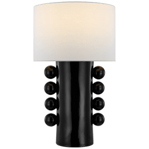 Contemporary Tiglia Tall Table Lamp, Black with a black cylindrical base adorned with spherical accents on both sides and a large white drum shade, perfect for adding a touch of Memphis Design flair to any room.