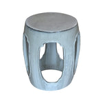 The White Ming Style Garden Stool features a round, light gray metal design with a solid top and four large oval cutouts, adding an antique charm to your space—ideal for those seeking unique rustic stools.