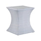 The Bari Square End Table in Chambray features an hourglass shape, flat top, and a light blue and white woven chevron pattern in durable resin wicker for stylish outdoor use.