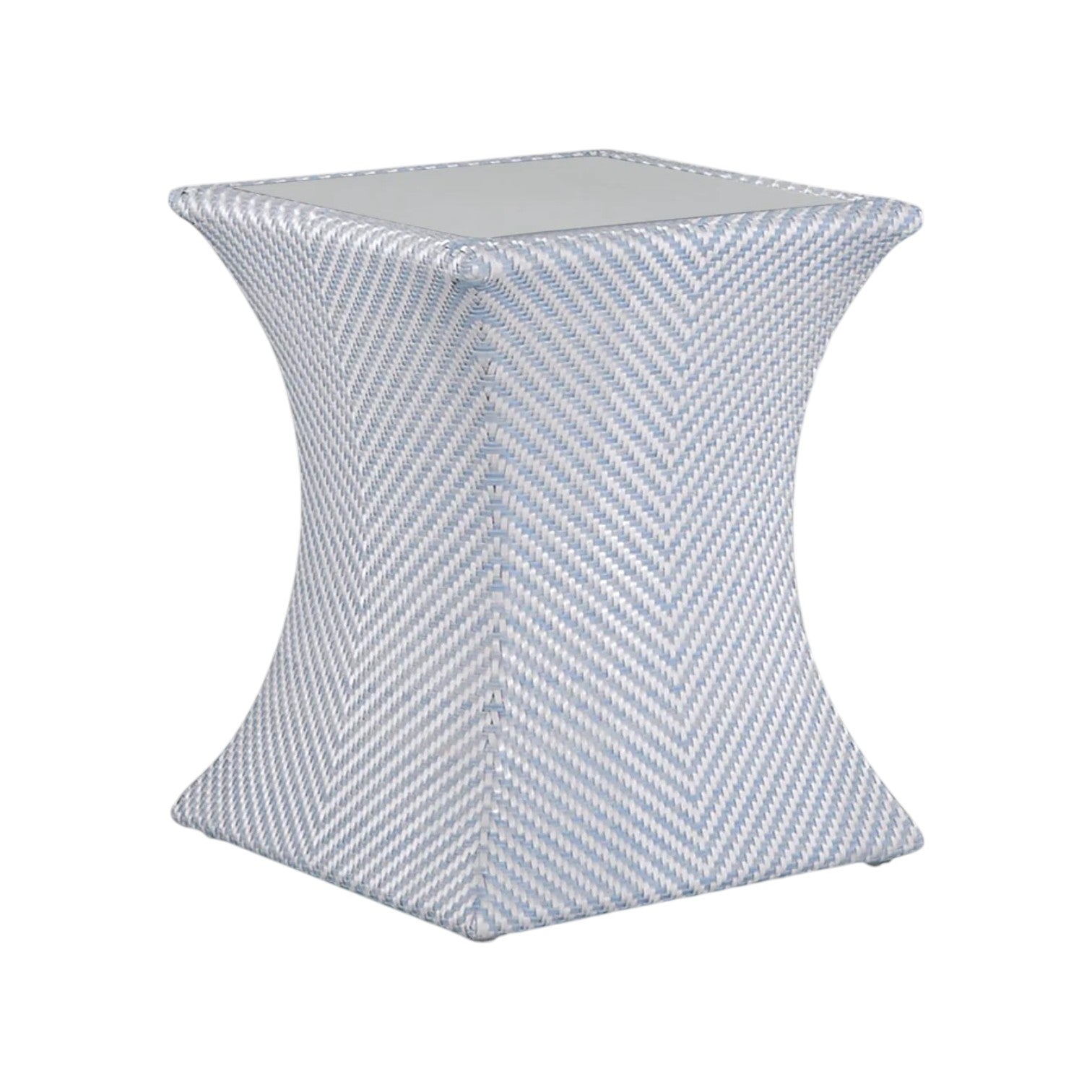 The Bari Square End Table in Chambray features an hourglass shape, flat top, and a light blue and white woven chevron pattern in durable resin wicker for stylish outdoor use.