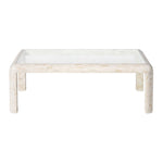 The Harley Natural Bone Coffee Table features a rectangular design with rounded legs, a glass top, and a light-colored tiled base.