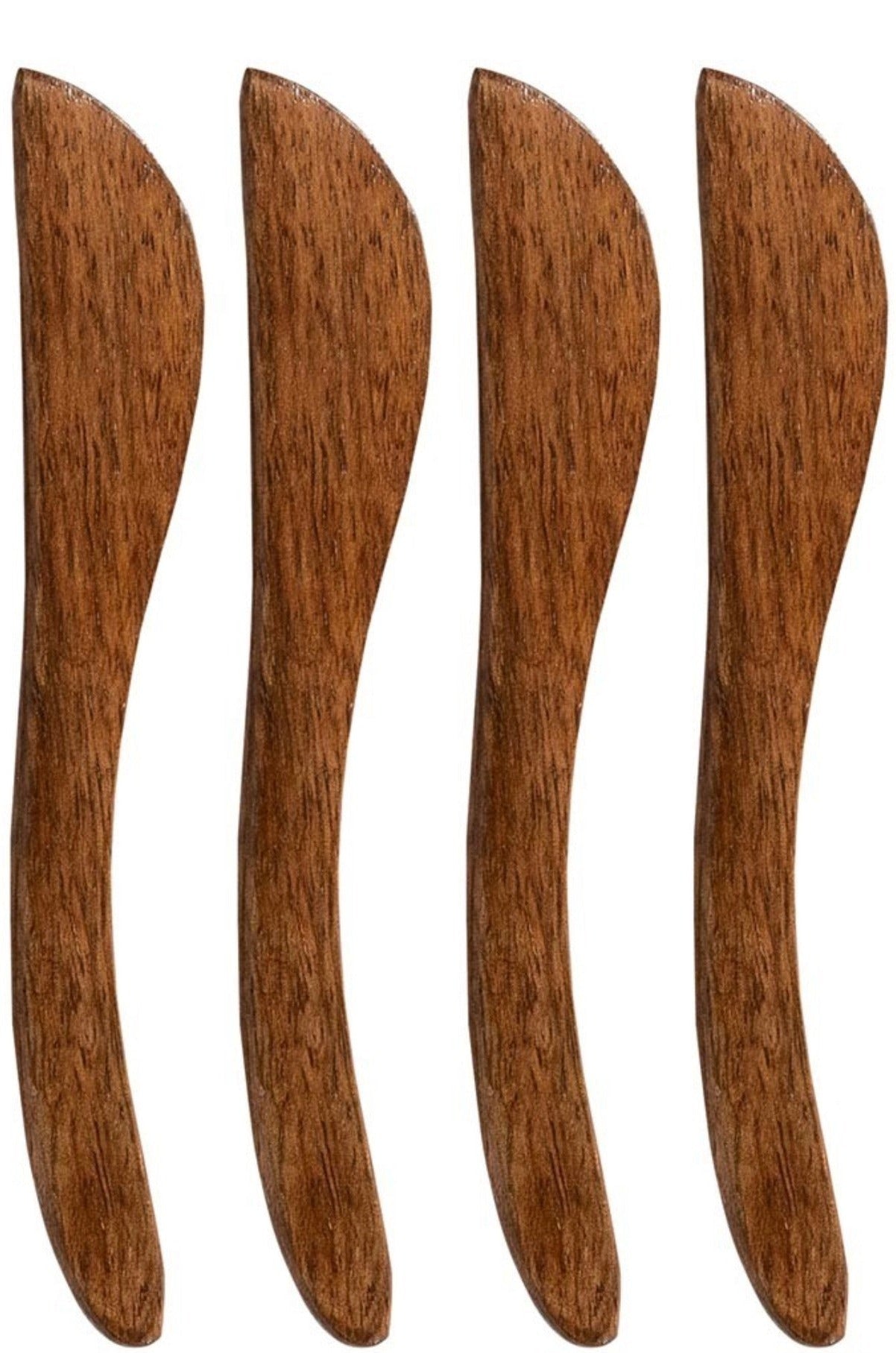 Four identical, curved wooden spreader knives from the Juliska Bilbao Wood Serving Collection, crafted from rich mango wood, arranged vertically in a row against a white background.