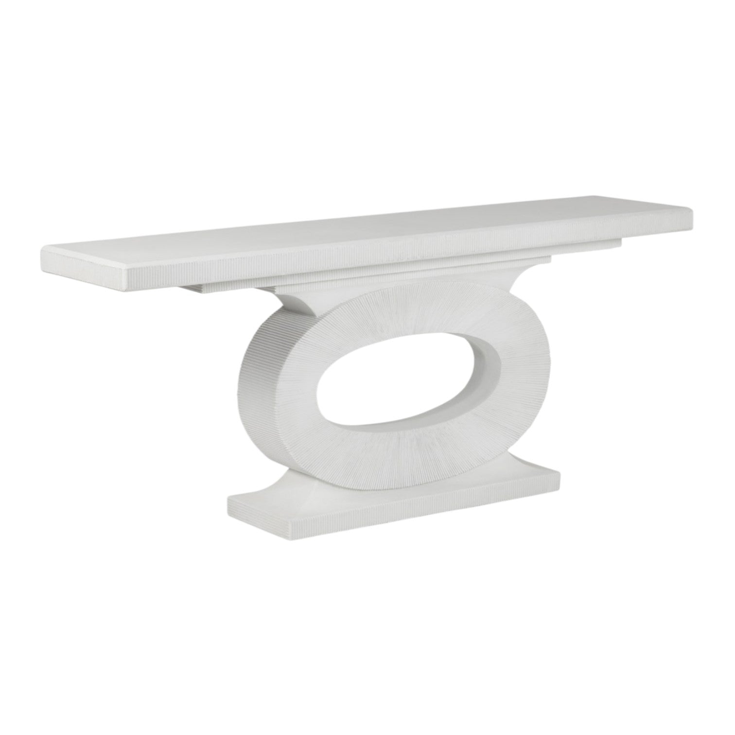 The Grier Console features a rectangular top and a distinctive keyhole pedestal base, offering modern elegance to your space.