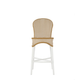 The Savoy Bar Stool features a woven rattan design, curved backrest, and white wooden legs, displayed against a plain white background.