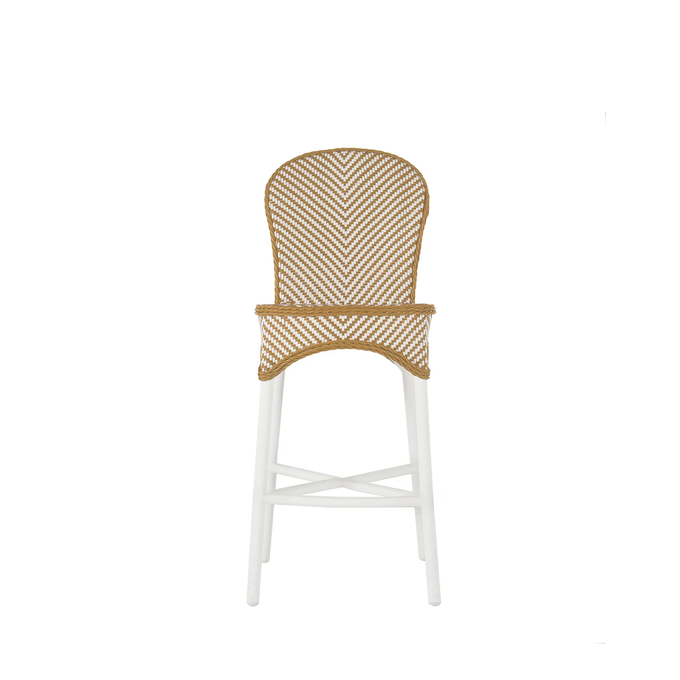 The Savoy Bar Stool features a woven rattan design, curved backrest, and white wooden legs, displayed against a plain white background.
