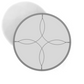 A circular object with a gray, hand-forged steel frame and four intersecting curved lines inside, casting a faint shadow—reminiscent of the elegant Amalfi Glass Top Round Dining Table.