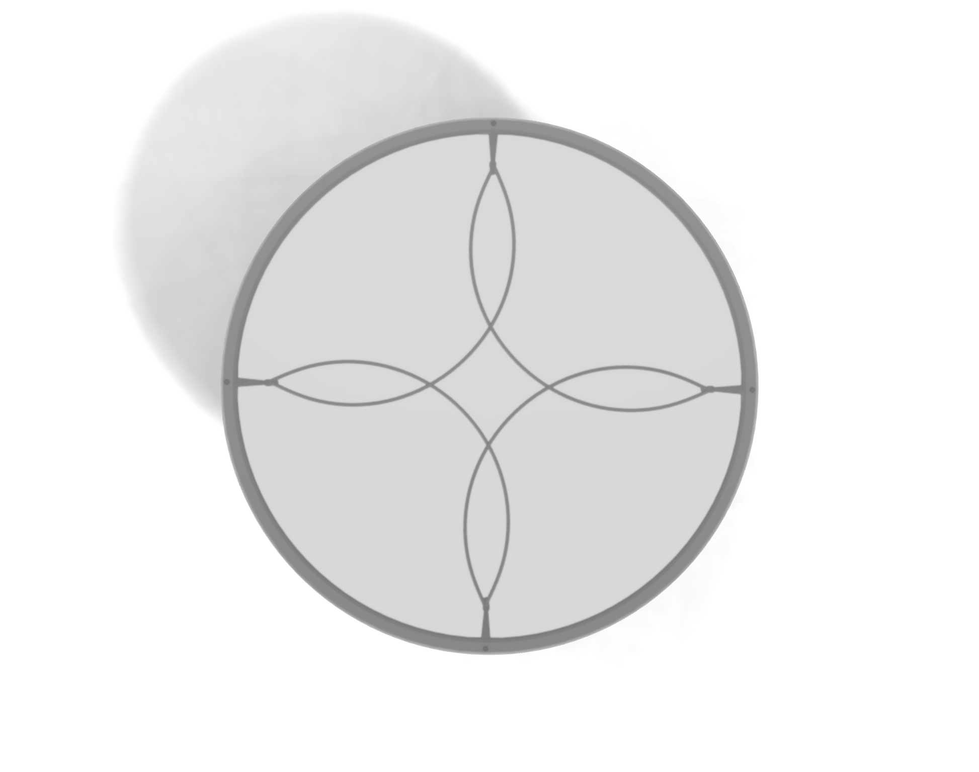 A circular object with a gray, hand-forged steel frame and four intersecting curved lines inside, casting a faint shadow—reminiscent of the elegant Amalfi Glass Top Round Dining Table.