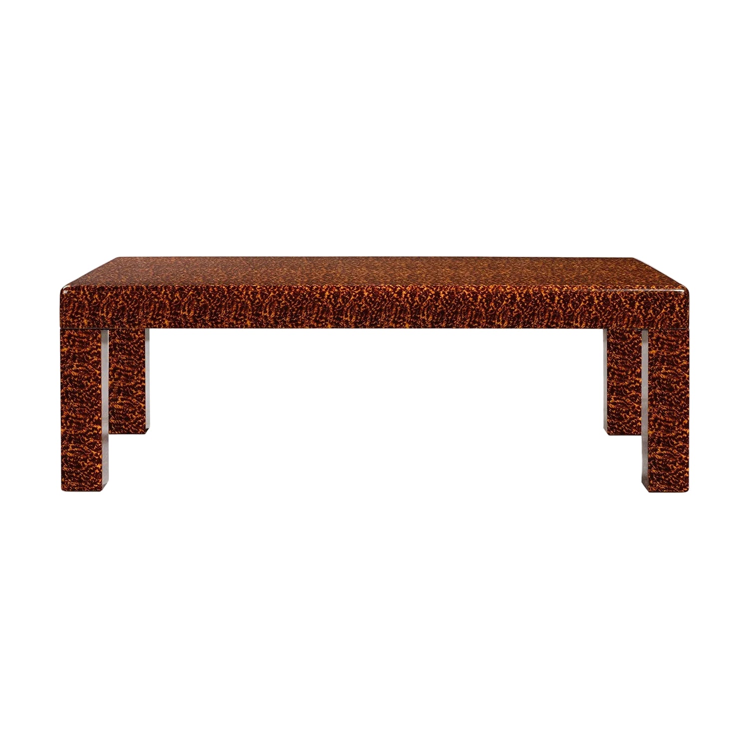 The Bradford Coffee Table features a rectangular design with a textured brown and black faux tortoise shell surface and straight legs, ideal for enhancing your home decor. Shown on a white background.