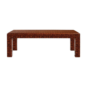 The Bradford Coffee Table features a rectangular design with a textured brown and black faux tortoise shell surface and straight legs, ideal for enhancing your home decor. Shown on a white background.