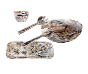 The Mocha Resin Serveware Collection features four marbled kitchen items—a large bowl, small cup, tray, and two serving utensils—that add shatter-resistant elegance to your home, all displayed on a crisp white background.