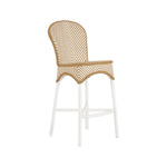 The Savoy Bar Stool showcases a woven tan and white chevron seat and backrest, with white legs and footrest. This stylish resin wicker bar stool is ideal for outdoor spaces.