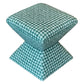 The Hamilton Outdoor Ottoman in Boheme Green features a geometric design with teal and white upholstery, a square seat, and a tapered base—ideal for enhancing your patio decor.