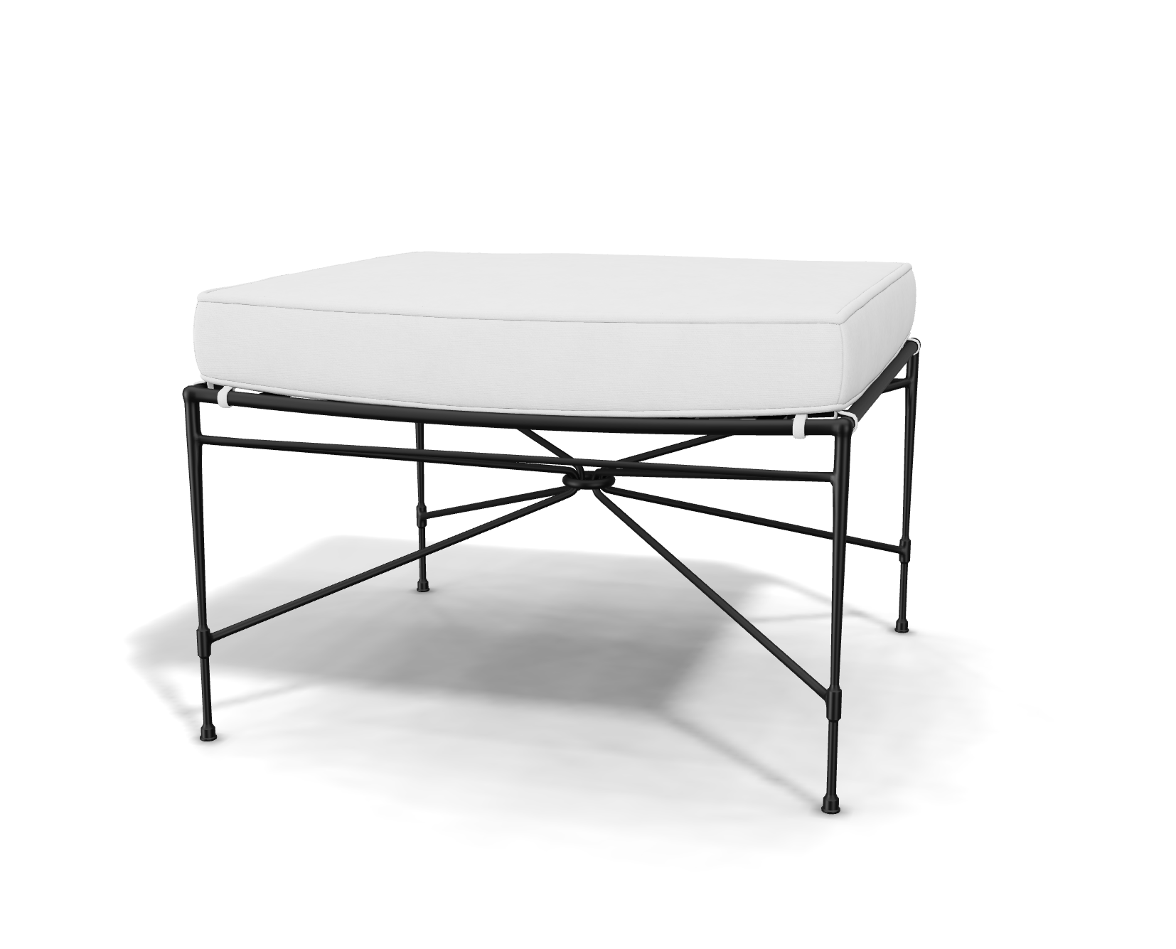 The Amalfi Ottoman showcases a minimalist look with a white cushion and black hand-forged steel frame, featuring a geometric cross-braced base.
