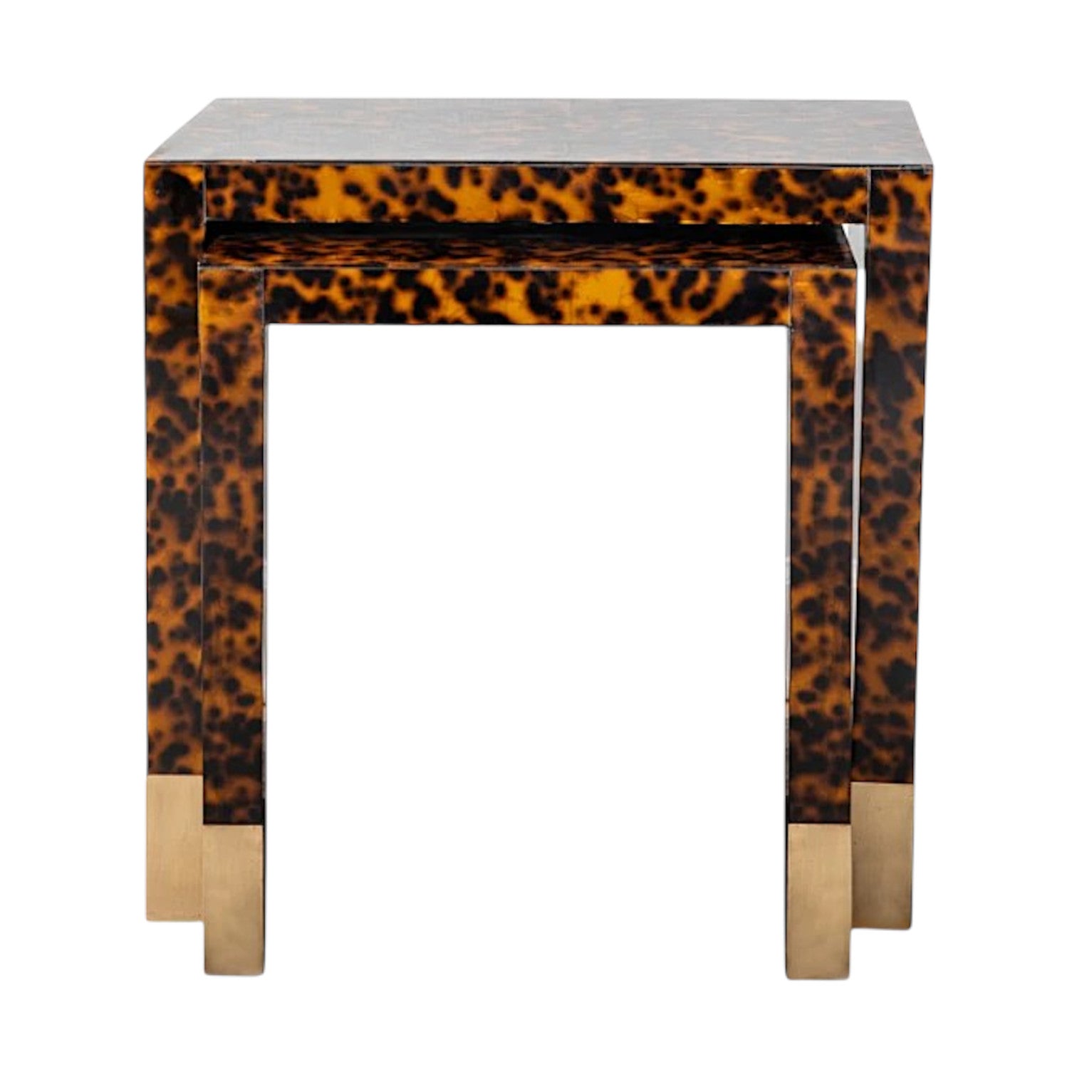The Raleigh Nesting Table stands out with its striking Tortoise Finish and brass-accented legs, offering a sophisticated look against a crisp white backdrop.