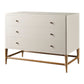 The Radius Nightstand is a modern piece with a cream-colored lacquer finish, three drawers with round knobs, and an angled walnut wood base inspired by clean, minimalist design.