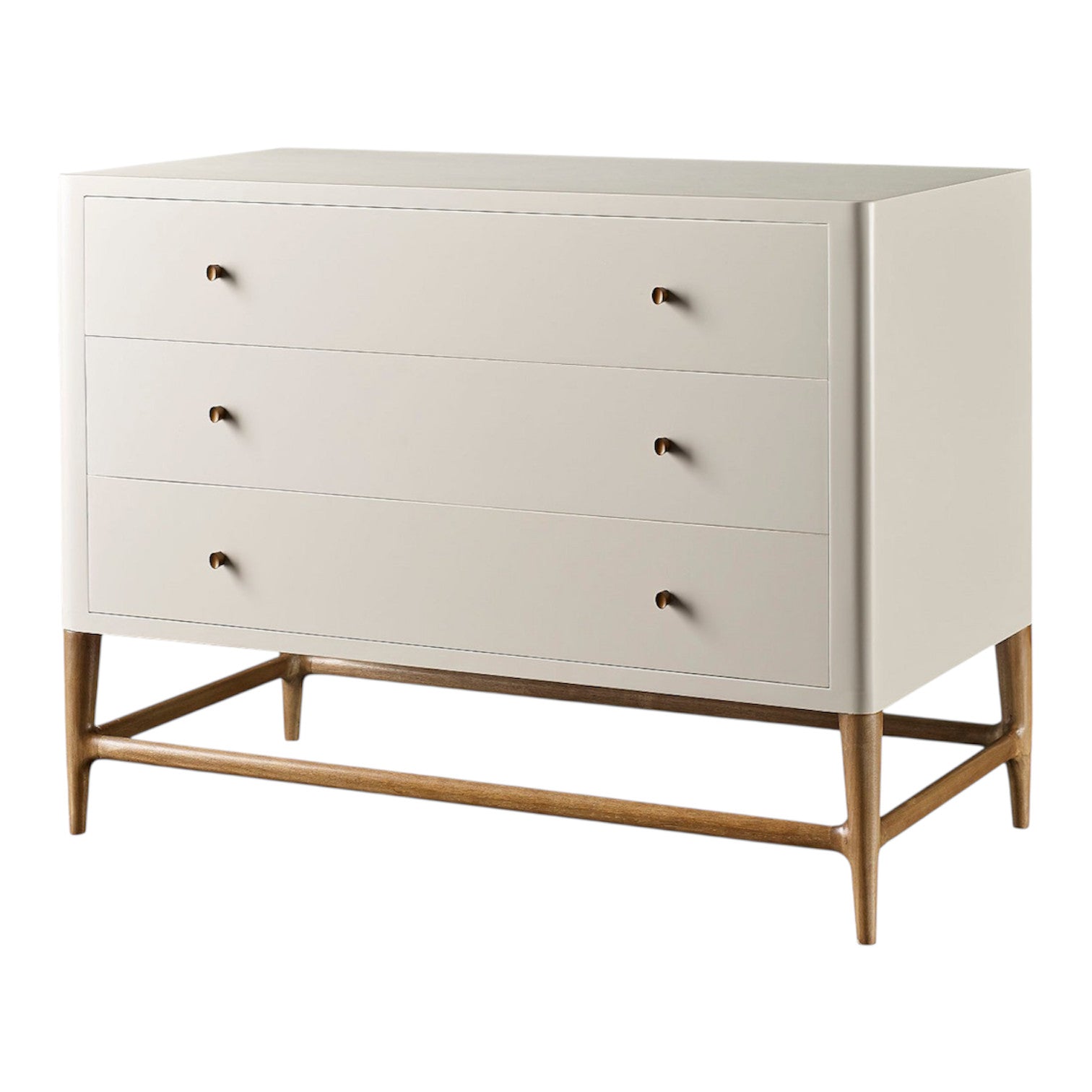 The Radius Nightstand is a modern piece with a cream-colored lacquer finish, three drawers with round knobs, and an angled walnut wood base inspired by clean, minimalist design.