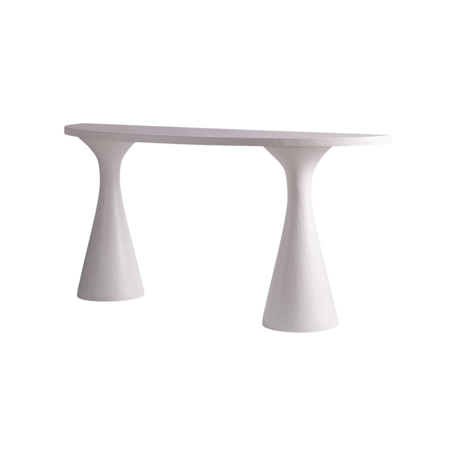 The Kasper Demilune Console Table features a flat rectangular top and two wide, tapered cylindrical legs—ideal for enhancing your entryway. Shown here against a plain white background.