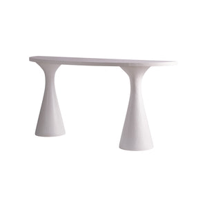 The Kasper Demilune Console Table features a flat rectangular top and two wide, tapered cylindrical legs—ideal for enhancing your entryway. Shown here against a plain white background.