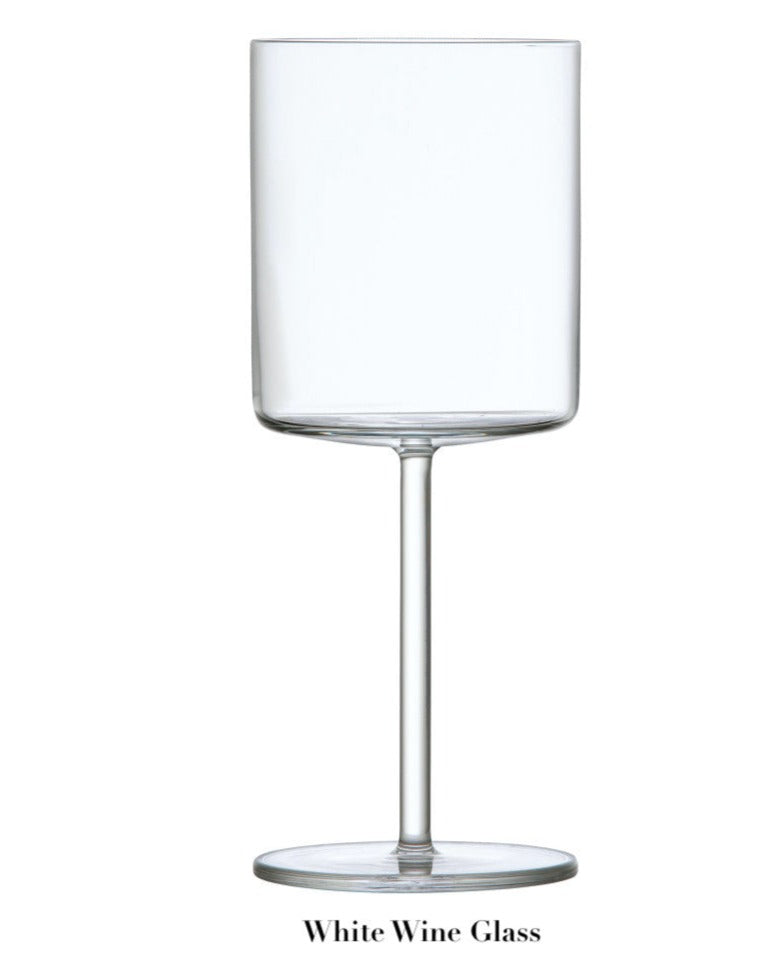 A clear, cylindrical white wine glass with a long stem, labeled "Fortessa Modo Collection" at the bottom, crafted from TRITAN® Crystal Glass.