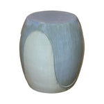 The White and Light Blue Wave Stool features an abstract, curved design with a glossy finish in light blue and off-white. Crafted from quality porcelain, this round garden stool is displayed on a plain white background.