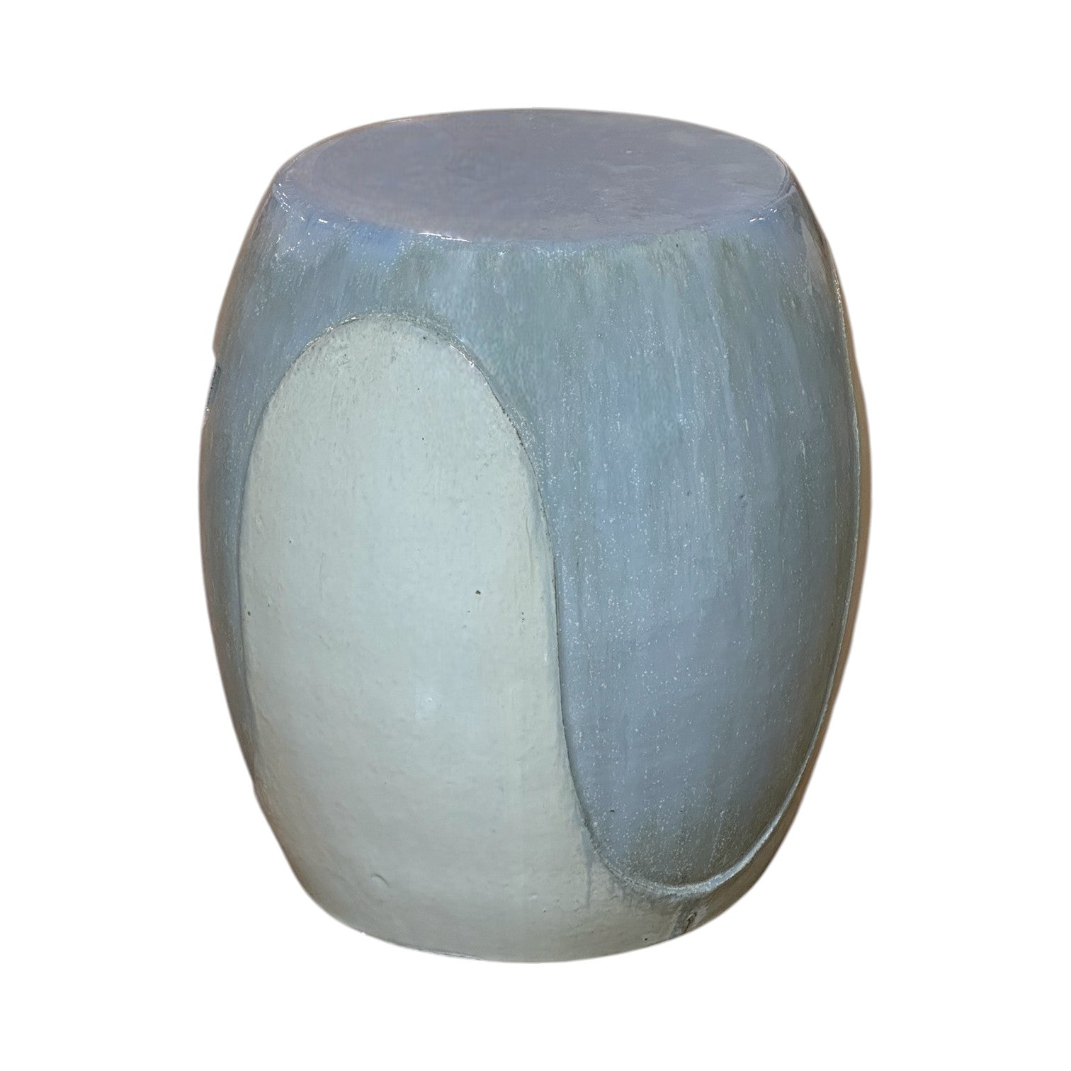 The White and Light Blue Wave Stool features an abstract, curved design with a glossy finish in light blue and off-white. Crafted from quality porcelain, this round garden stool is displayed on a plain white background.