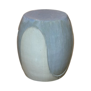The White and Light Blue Wave Stool features an abstract, curved design with a glossy finish in light blue and off-white. Crafted from quality porcelain, this round garden stool is displayed on a plain white background.