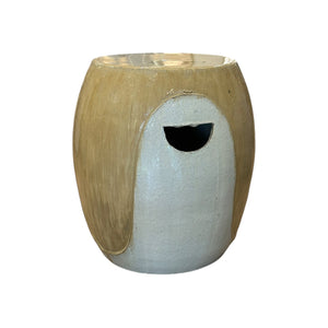 The Cream and White Wave Stool is a fine porcelain garden stool featuring a glossy light brown top and sides, a white base, and a convenient handle cutout on the side.